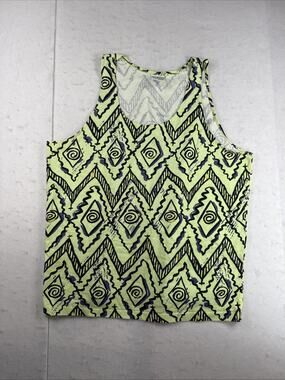 VTG 80s 90s Beach Blvd Surf Tank Top Neon Green Geometric Tribal Chevron Swirl